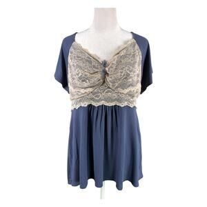 Soma L Babydoll Short Sleeve PJ Top Night Shirt Blue Cream Lace Loungewear